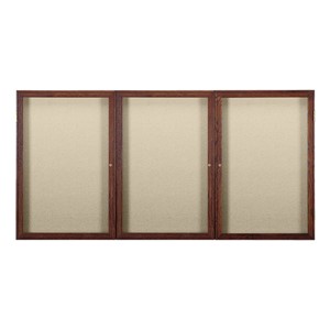 Enclosed Fabric Tack Board w/ Three Doors & Walnut Finish Frame