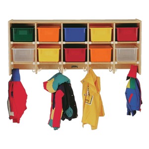 Baltic Birch Large Wall-Mount Coat Rack - Shown w/ colorful cubby trays