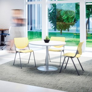 Three Energy Series Perforated Back Stack Chairs, Lime Green, at a table