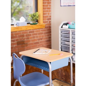 Structure Series Open Front School Desk w/ Sky Blue Book Box & Silver Mist Frame - Maple Top