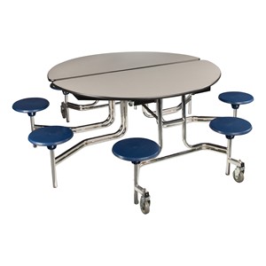 Round Mobile Stool Cafeteria Table - 8 Stools (60" Diameter) - Gray w/ Navy Stools