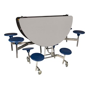 Round Mobile Stool Cafeteria Table - 8 Stools (60" Diameter) - Gray w/ Navy Stools - Folded