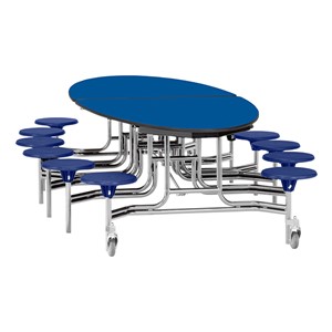 Elliptical Mobile Stool Cafeteria Table w/ Plywood Core, Chrome Frame & Protect Edge - 12 Stools (73 1/2 " W x 10' 1"L) - Blue w/ Blue Stools