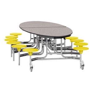 Elliptical Mobile Stool Cafeteria Table w/ Plywood Core, Chrome Frame & Protect Edge - 12 Stools (73 1/2 " W x 10' 1"L) - Gray w/ Yellow Stools