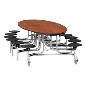 Elliptical Mobile Stool Cafeteria Table w/ Plywood Core, Chrome Frame & Protect Edge - 12 Stools (73 1/2 " W x 10' 1"L) - Oak w/ Black Stools
