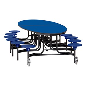 Elliptical Mobile Stool Cafeteria Table w/ MDF Core, Powder Coat Frame & Protect Edge - 12 Stools (73 1/2" W 10' 1" L) - Blue Top w/ Blue Stools