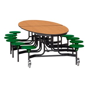Elliptical Mobile Stool Cafeteria Table w/ Plywood Core, Powder Coat Frame & Protect Edge - 12 Stools (73 1/2" W x 10'1" L) - Oak w/ Green Stools