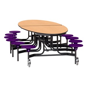 Elliptical Mobile Stool Cafeteria Table w/ MDF Core, Powder Coat Frame & Protect Edge - 12 Stools (73 1/2" W 10' 1" L) - Fusion Maple Top w/ Purple Stools
