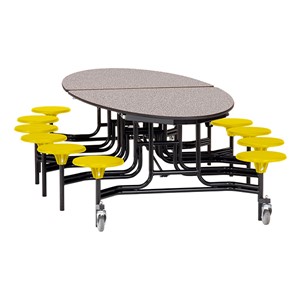Elliptical Mobile Stool Cafeteria Table w/ Plywood Core, Powder Coat Frame & Protect Edge - 12 Stools (73 1/2" W x 10'1" L) - Gray w/ Yellow Stools