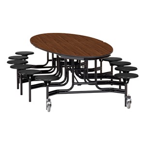Elliptical Mobile Stool Cafeteria Table w/ MDF Core, Powder Coat Frame & Protect Edge - 12 Stools (73 1/2" W 10' 1" L) - Walnut Top w/ Black Stools
