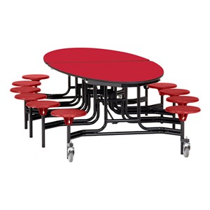 Elliptical Mobile Stool Cafeteria Table w/ MDF Core, Powder Coat Frame & Protect Edge - 12 Stools (73 1/2" W 10' 1" L) - Red Top w/ Red Stools