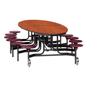 Elliptical Mobile Stool Cafeteria Table w/ Plywood Core, Powder Coat Frame & Protect Edge - 12 Stools (73 1/2" W x 10'1" L) - Cherry w/ Burgundy Stools