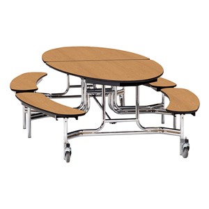Elliptical Mobile Bench Cafeteria Table w/ MDF Core, Chrome Frame & Protect Edge (72" W 10' 1" L) - Oak