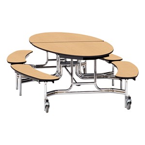 Elliptical Mobile Bench Cafeteria Table w/ MDF Core, Chrome Frame & Protect Edge (72" W 10' 1" L) - Fusion Maple