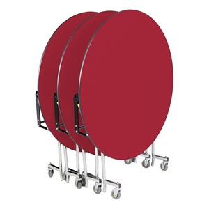 Easy-Fold Mobile Round Nesting Cafeteria Table w/ Particleboard Core, Powder Coat Frame & Vinyl T-Mold Edge (60" Diameter) - Red - Nested