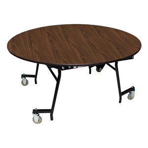 Easy-Fold Mobile Round Nesting Cafeteria Table w/ Particleboard Core, Powder Coat Frame & Vinyl T-Mold Edge (60" Diameter) - Walnut