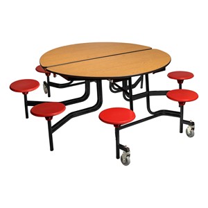 Round Mobile Stool Cafeteria Table - 8 Stools (60" Diameter) - Oak w/ Red Stools