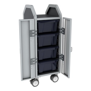 Profile Series Single-Wide Mobile Classroom Storage Cart w/ Doors - 4 Large Bins - Translucent Navy