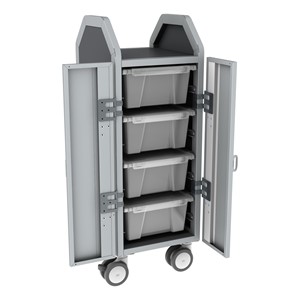 Profile Series Single-Wide Mobile Classroom Storage Cart w/ Doors - 4 Large Bins - Clear