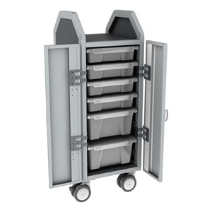 Profile Series Single-Wide Mobile Classroom Storage Cart w/ Doors - 4 Small & 2 Large Bins - Clear