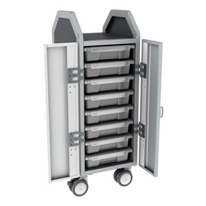Profile Series Single-Wide Mobile Classroom Storage Cart w/ Doors - 8 Small Bins - Clear