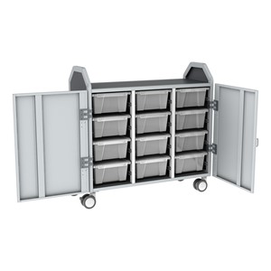 Profile Series Triple-Wide Mobile Classroom Storage Tower w/ Doors - 12 Large Bins - Clear