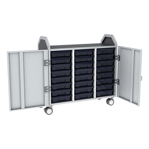 Profile Series Triple-Wide Mobile Classroom Storage Tower w/ Doors - 24 Small Bins - Translucent Navy