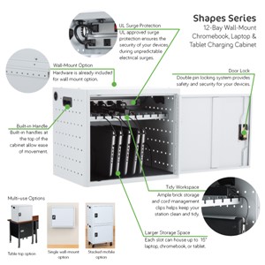 Shapes Series 12-Device Wall-Mount Charging Cabinet – Set of Two w/ Stacking Mobility Kit - Features