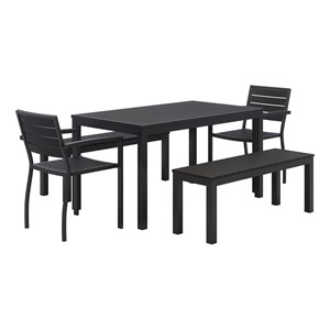 Alfresco Bistro Indoor/Outdoor Bench, Café Chair & Rectangle Table - Five Piece Set - Black w/ Black Frame