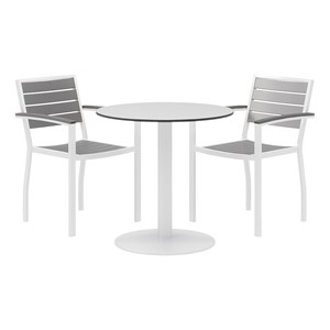 Alfresco Bistro Indoor/Outdoor Round Pedestal Table & Café Chair - Three Piece Set  (30" Diameter) - Gray w/ White Frame