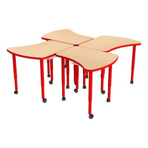 Accent Series Preschool Amoeba Collaborative Table w/ Laminate Top & Bins - Four Pack - Maple Top/Red Edgeband/Legs