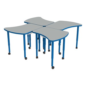 Accent Series Preschool Amoeba Collaborative Table w/ Laminate Top & Bins - Four Pack - North Sea Top/Brilliant Blue Edgeband/Legs
