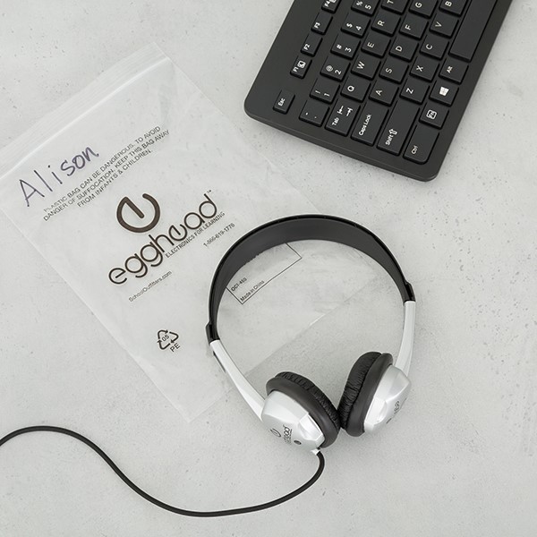 Stereo School Headphones w/ Leatherette Ear Cushion & Tangle-Free Cord - Black - Storage Bag