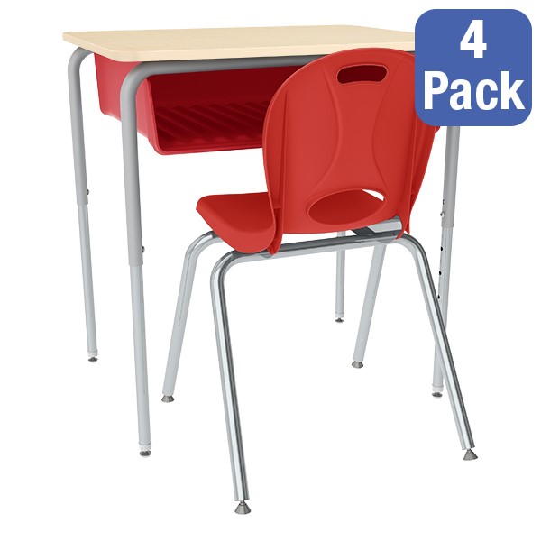 Open Front Desk w/ Color Book Box and Silver Mist Frame and 18-Inch Structure Series School Chair Set – Four Desks/Chairs