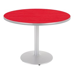 Round Pedestal Designer Café Table w/ Round Base - Hollyberry Table Top/ Gray Edgeband/Silver Base