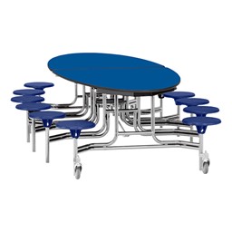 Elliptical Mobile Stool Cafeteria Table w/ Particleboard Core, Chrome Frame & Vinyl T-Mold Edge - 12 Stools (73 1/2" W 10' 1" L) - Blue Top w/ Blue Stools