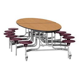 Elliptical Mobile Stool Cafeteria Table w/ Particleboard Core, Chrome Frame & Vinyl T-Mold Edge - 12 Stools (73 1/2" W 10' 1" L) - Oak Top w/ Burgundy Stools