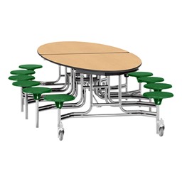 Elliptical Mobile Stool Cafeteria Table w/ Particleboard Core, Chrome Frame & Vinyl T-Mold Edge - 12 Stools (73 1/2" W 10' 1" L) - Maple Top w/ Green Stools
