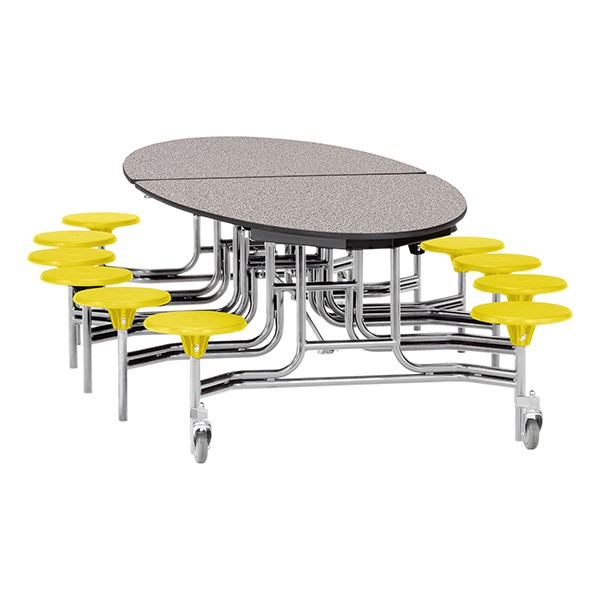 Elliptical Mobile Stool Cafeteria Table w/ Particleboard Core, Chrome Frame & Vinyl T-Mold Edge - 12 Stools (73 1/2" W 10' 1" L) - Gray Top w/ Yellow Stools