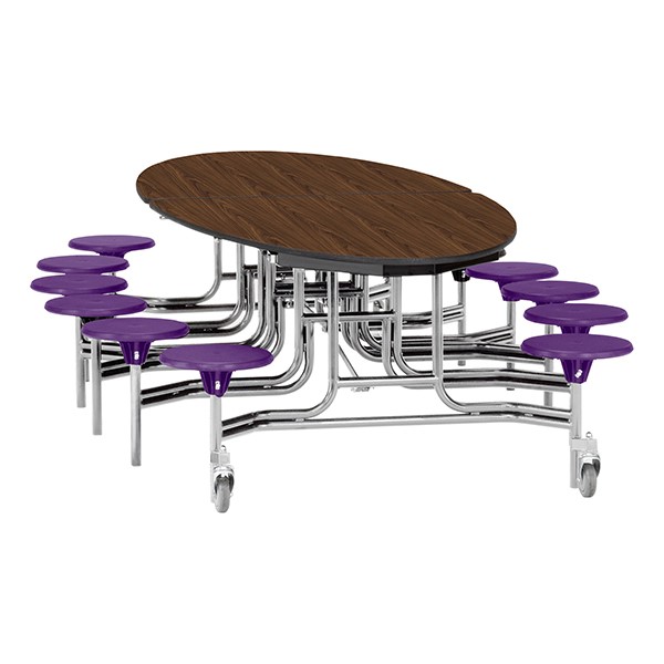 Elliptical Mobile Stool Cafeteria Table w/ Particleboard Core, Chrome Frame & Vinyl T-Mold Edge - 12 Stools (73 1/2" W 10' 1" L) - Walnut Top w/ Purple Stools