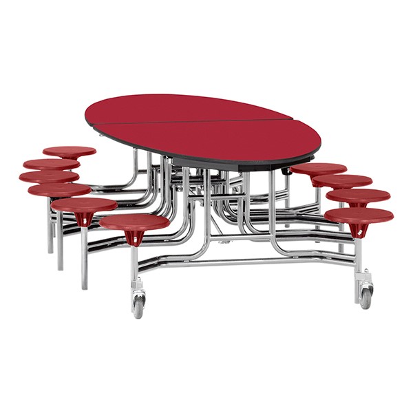 Elliptical Mobile Stool Cafeteria Table w/ Particleboard Core, Chrome Frame & Vinyl T-Mold Edge - 12 Stools (73 1/2" W 10' 1" L) - Red Top w/ Red Stools
