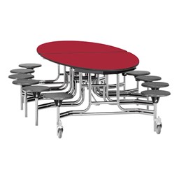 Elliptical Mobile Stool Cafeteria Table w/ Particleboard Core, Chrome Frame & Vinyl T-Mold Edge - 12 Stools (73 1/2" W 10' 1" L) - Red Top w/ Gray Stools