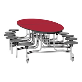 Elliptical Mobile Stool Cafeteria Table w/ Plywood Core, Chrome Frame & Protect Edge - 12 Stools (73 1/2 \" W x 10\' 1\"L) - Red w/ Gray Stools
