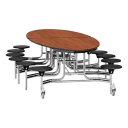 Elliptical Mobile Stool Cafeteria Table w/ Particleboard Core, Chrome Frame & Vinyl T-Mold Edge - 12 Stools (73 1/2" W 10' 1" L) - Walnut Top w/ Black Stools