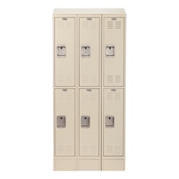 Deluxe Three-Wide Double-Tier School Lockers w/ Slope Top & Kickplate - Tan