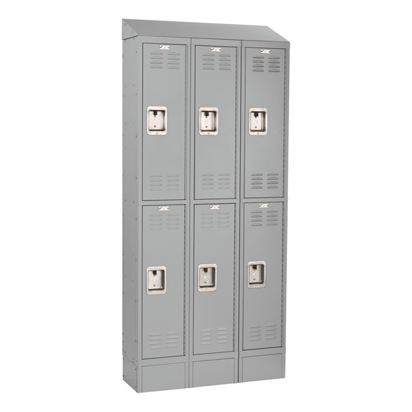 Deluxe Three-Wide Double-Tier School Lockers w/ Slope Top & Kickplate - Gray