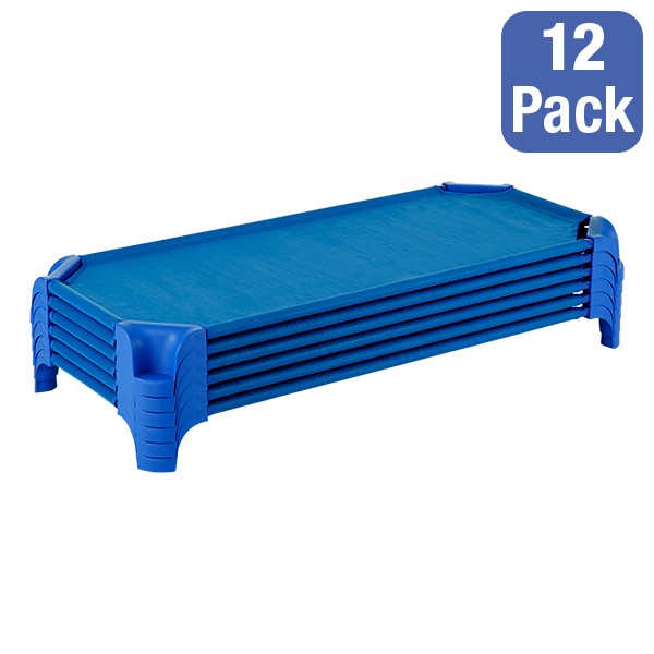 Deluxe Blue Stackable Daycare Cot w/ Easy Lift Corners - Toddler (40" L) - Pack of 12 Cots - Stacked Cots
